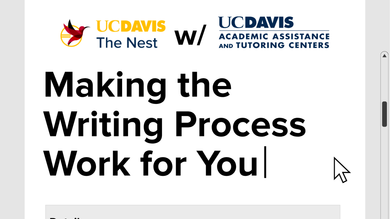 UC Davis event flyer: 'Making the Writing Process Work for You' — The Nest, Nov 3, 3:30–4:30 PM
